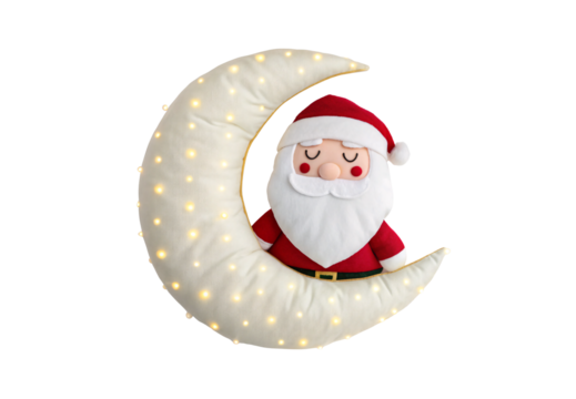 Cute Santa Claus figurine sleeping on illuminated crescent moon decoration, isolated on a transparent background - Powered by Adobe
