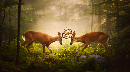 dominance. Two male deer with locked antlers in a misty forest. wildlife magazines, conservation campaigns, designed for wildlife conservation campaigns, promotes animal welfare.