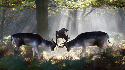 dominance. Two male deer with locked antlers in a misty forest. wildlife magazines, conservation campaigns, designed for wildlife conservation campaigns, promotes animal welfare.
