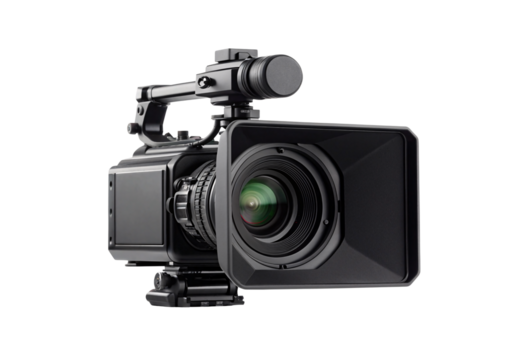 Modern broadcast camera with large lens hood on tripod base, isolated on a transparent background - Powered by Adobe