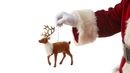 Santa claus wearing his traditional red suit and white gloves holding a small reindeer ornament isolated on transparent background