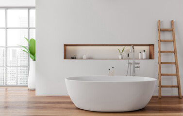 Minimalist bathroom interior with oval tub, wooden accents, shelf decor and city view through large windows. 3D Rendering of tranquil space design