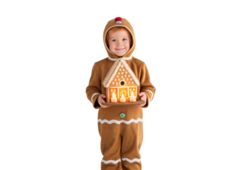 Child in gingerbread costume holding illuminated gingerbread house smiling, isolated on a transparent background