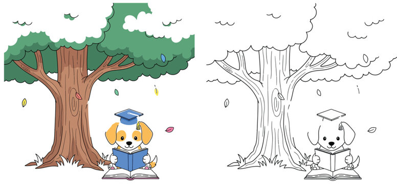 Graduate Puppy Reading a Book Under a Tree - Educational and Adorable Coloring Page for Kids
