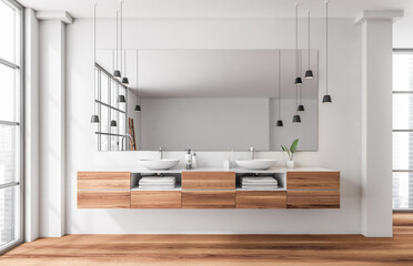 Contemporary bathroom interior design with wood vanity, double sinks, pendant lights, and large wall mirror in bright minimalist room. 3D Rendering