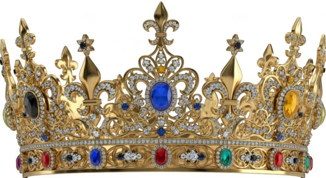 Ornate jeweled golden crown closeup display