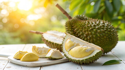 Durian on white surface in Garden in natural warm sunlight Background