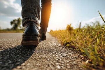 Close-up shot of a person walking along an asphalt road toward the sun, a sunny day outdoors