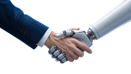 Human and robot shaking hands isolated on transparent background