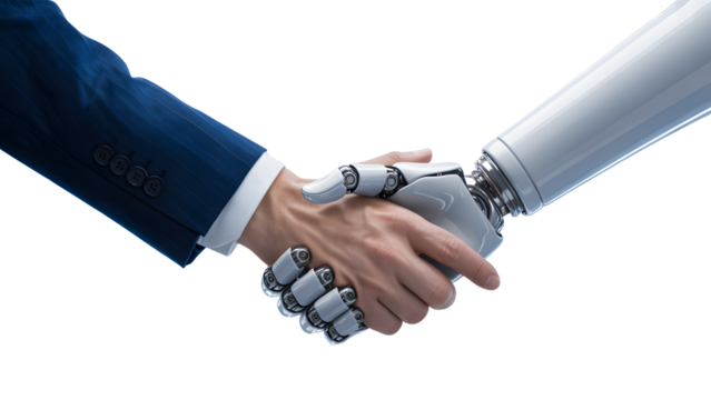 Human and robot shaking hands isolated on transparent background