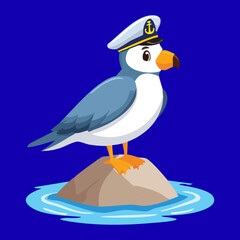 Digital Art Drawing of a Proud Seagull Standing on a Rock with a Dark Blue Sky and Ocean Waves Behind Him Beautifully Designed