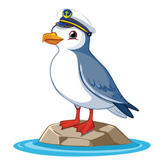 Charming Vector Illustration of a Happy Seagull Standing Confidently on a Small Piece of Ice in the Open Sea Water