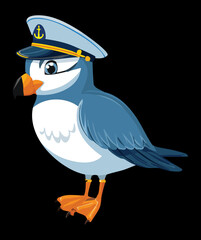Cartoon Illustration of a Small Cute Seagull Wearing a Navy Captains Hat on a Black Background Minimalist Design Vector Artwork