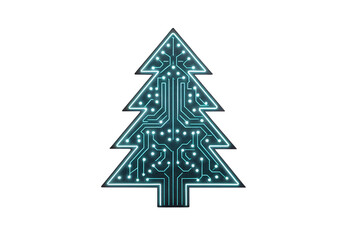 Teal circuit board Christmas tree with glowing cyan LED lights, isolated on a transparent background