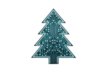 Teal circuit board Christmas tree with glowing cyan LED lights, isolated on a transparent background
