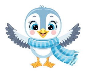 Sweet Baby Bird Character with Bright Eyes and Open Arms Wearing a Striped Blue and Grey Cozy Winter Scarf Illustration
