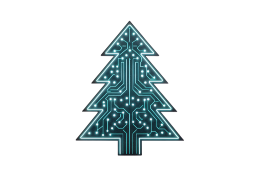 Teal circuit board Christmas tree with glowing cyan LED lights, isolated on a transparent background