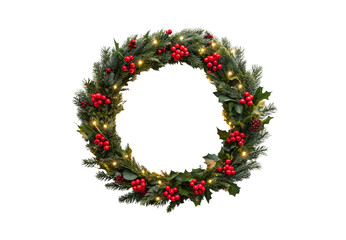 Round Christmas wreath with pine branches, red berries and twinkling lights, isolated on a transparent background