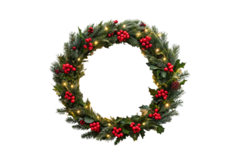 Round Christmas wreath with pine branches, red berries and twinkling lights, isolated on a transparent background