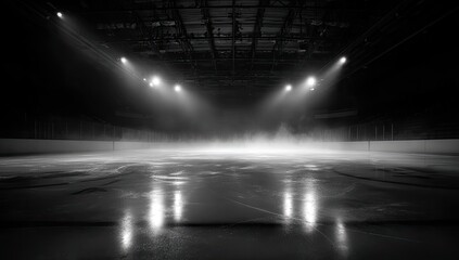 A dramatic, empty ice rink illuminated by spotlights, casting a moody ambiance with a foggy haze