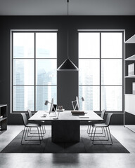 Contemporary office interior with minimalist workspace design, modern furniture and large windows, on bright cityscape background. Concept of productivity. 3D Rendering