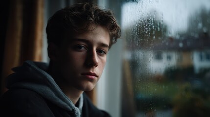 Young man sitting indoors near rainy window with water droplets on glass and soft daylight creating reflective calm atmosphere