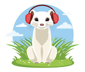 Cute White Ermine Weasel Wearing Red Headphones and Relaxing in Green Grass on a Sunny Summer Day