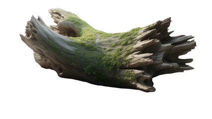 Weathered piece of driftwood covered in moss isolated on transparent background