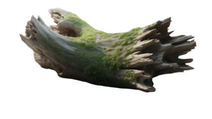 Weathered piece of driftwood covered in moss isolated on transparent background