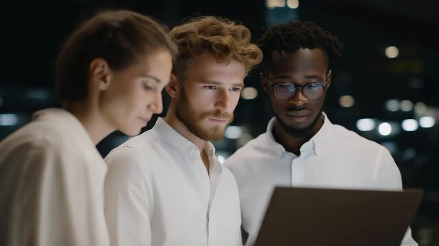 Team of marketing professionals evaluating sustainable packaging options with holographic data visualizations, symbolizing collaborative eco-branding strategy, immersive marketing workflows, and