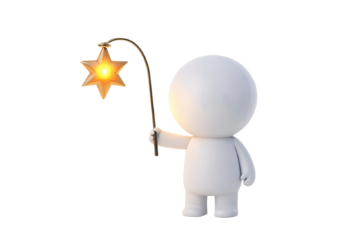 Simple white character holding illuminated star on curved stick, isolated on a transparent background