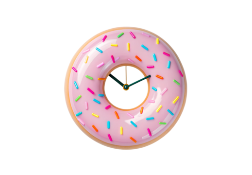 Pink frosted donut clock with rainbow sprinkles decoration, isolated on a transparent background