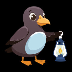 Adorable Cartoon Auk Bird Standing and Holding a Bright Glowing Lantern on a Completely Black Background Vector