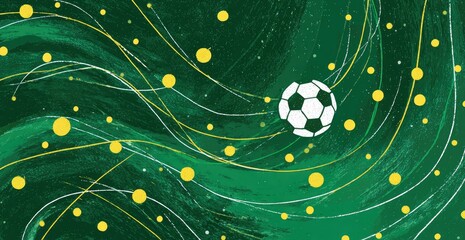 A vibrant graphic depicts a soccer ball amidst a green, swirling background with yellow accents