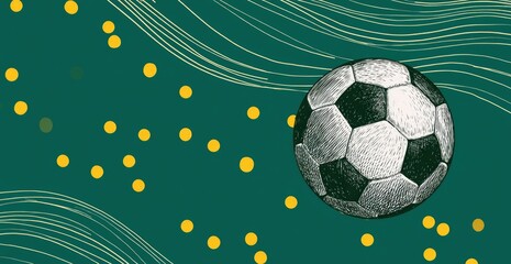 A sketch of a soccer ball amidst a dark green background with golden dots & flowing lines