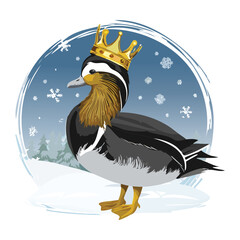 Elegant Barnacle Goose Character Wearing a Golden Royal Crown Within a Circular Snowy Winter Wonderland Frame