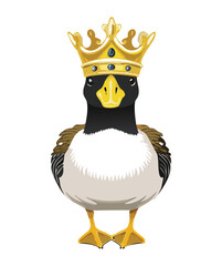 Royal Cartoon Barnacle Goose Character Wearing a Golden King Crown Standing Elegantly