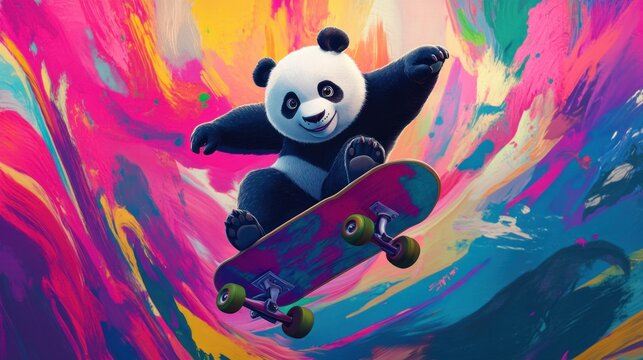 Panda skateboarding in vibrant abstract background