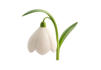 Delicate white snowdrop flower with green stem and leaves, isolated on a transparent background