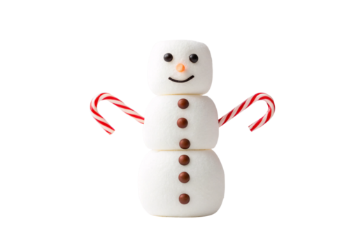 Cheerful marshmallow snowman with candy cane arms and buttons, isolated on a transparent background