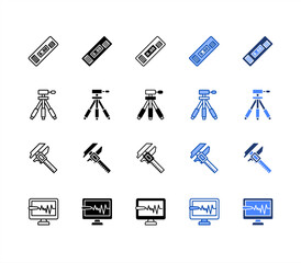 Fototapeta premium Level meter, Tripod, Digital caliper, Monitor multiple style icon set.