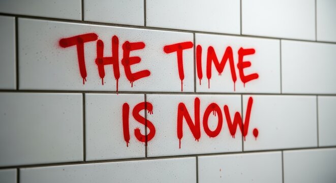 Red graffiti message on white tiled wall: the time is now in dripping paint