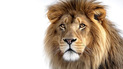 Fototapeta premium Closeup portrait of a majestic male lion with a full mane, looking directly at the camera with intense eyes against a plain white background