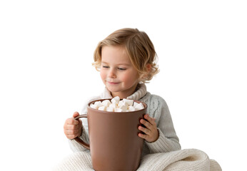 Child holding oversized brown mug with marshmallows, cozy winter scene, isolated on a transparent background