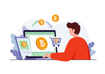 Person using laptop and phone to make a Bitcoin purchase, with coins floating towards a shopping cart.
