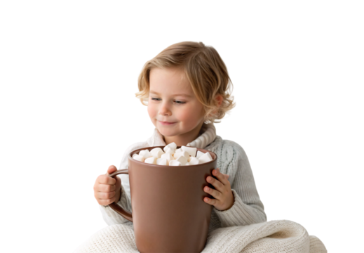 Child holding oversized brown mug with marshmallows, cozy winter scene, isolated on a transparent background