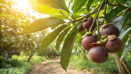 Mangosteen on tree in garden, Mangosteen hanging on tree in natural warm sunlight view