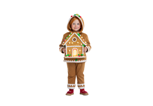 Child wearing gingerbread house costume with candy decorations complete, isolated on a transparent background