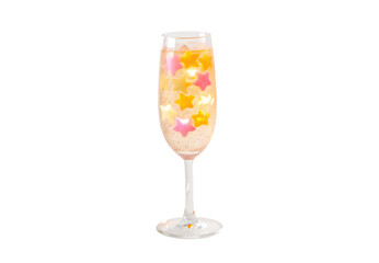 Champagne flute with colorful star-shaped ice cubes in bubbly drink, isolated on a transparent background