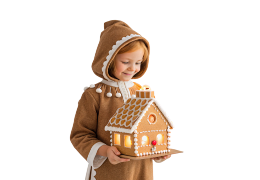 Child in gingerbread costume holding illuminated gingerbread house with pompom hood, isolated on a transparent background